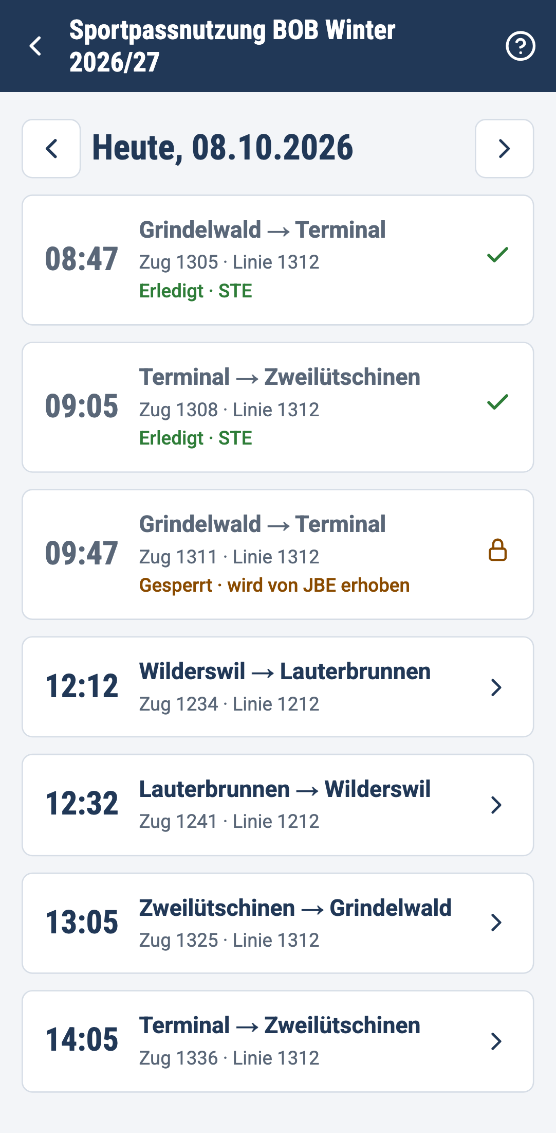 Fahrtenliste eines Tages mit erledigten, gesperrten und offenen Fahrten