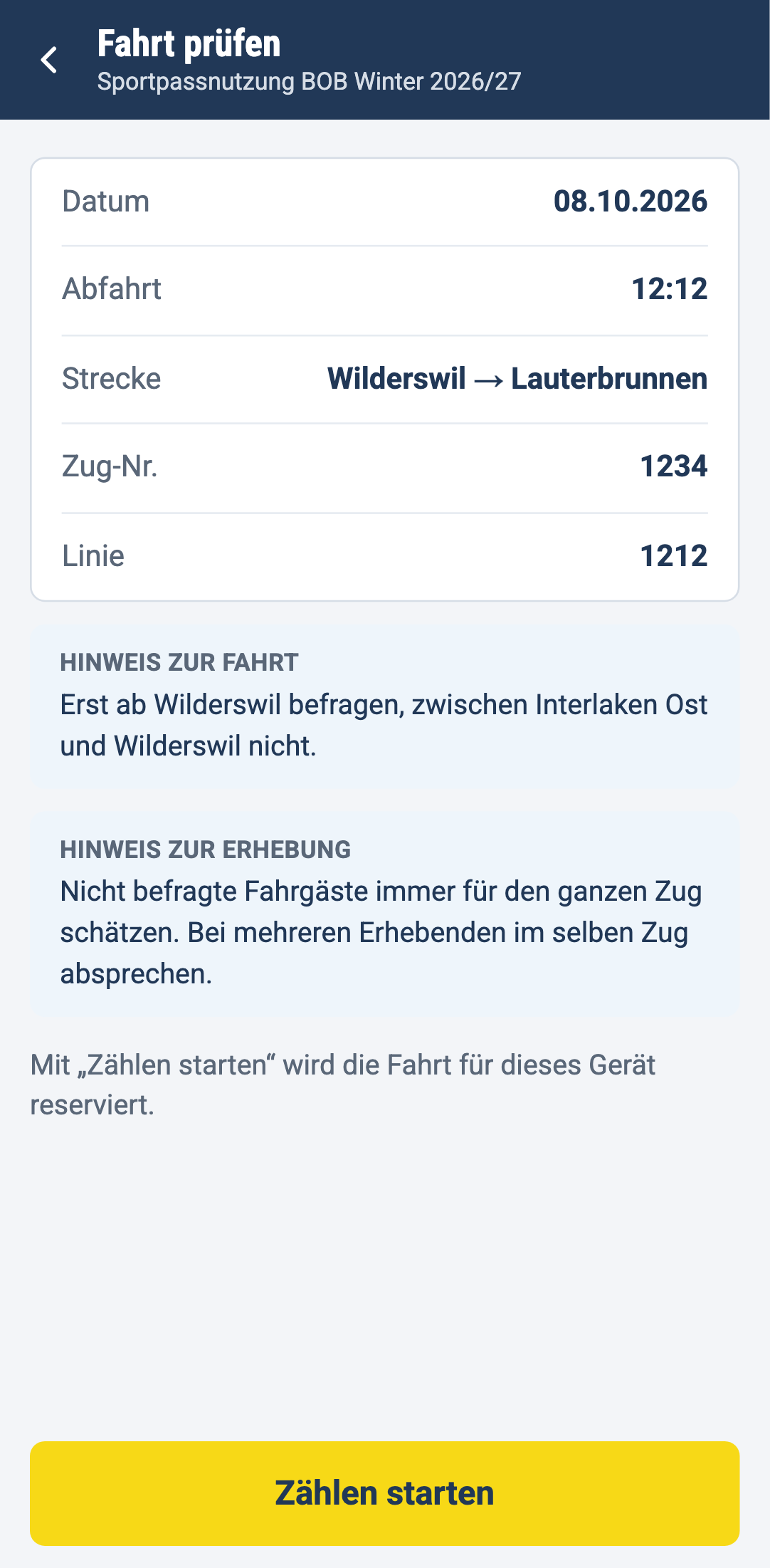 Fahrt prüfen mit Kopfdaten und Hinweisen