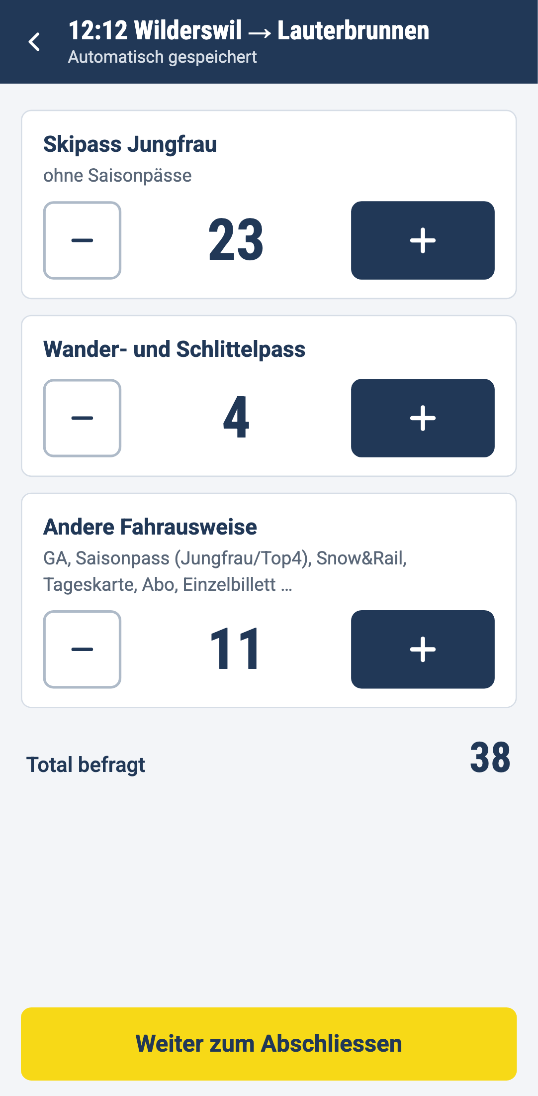 Zählmodus mit drei Zählern und Total befragt