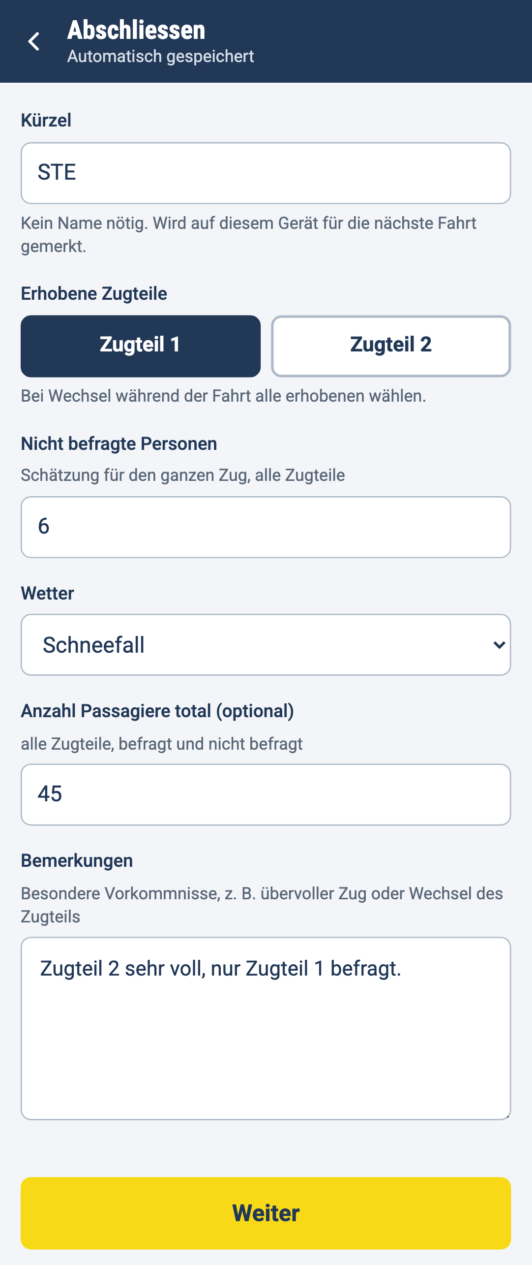 Abschliessen: ausgefülltes Formular