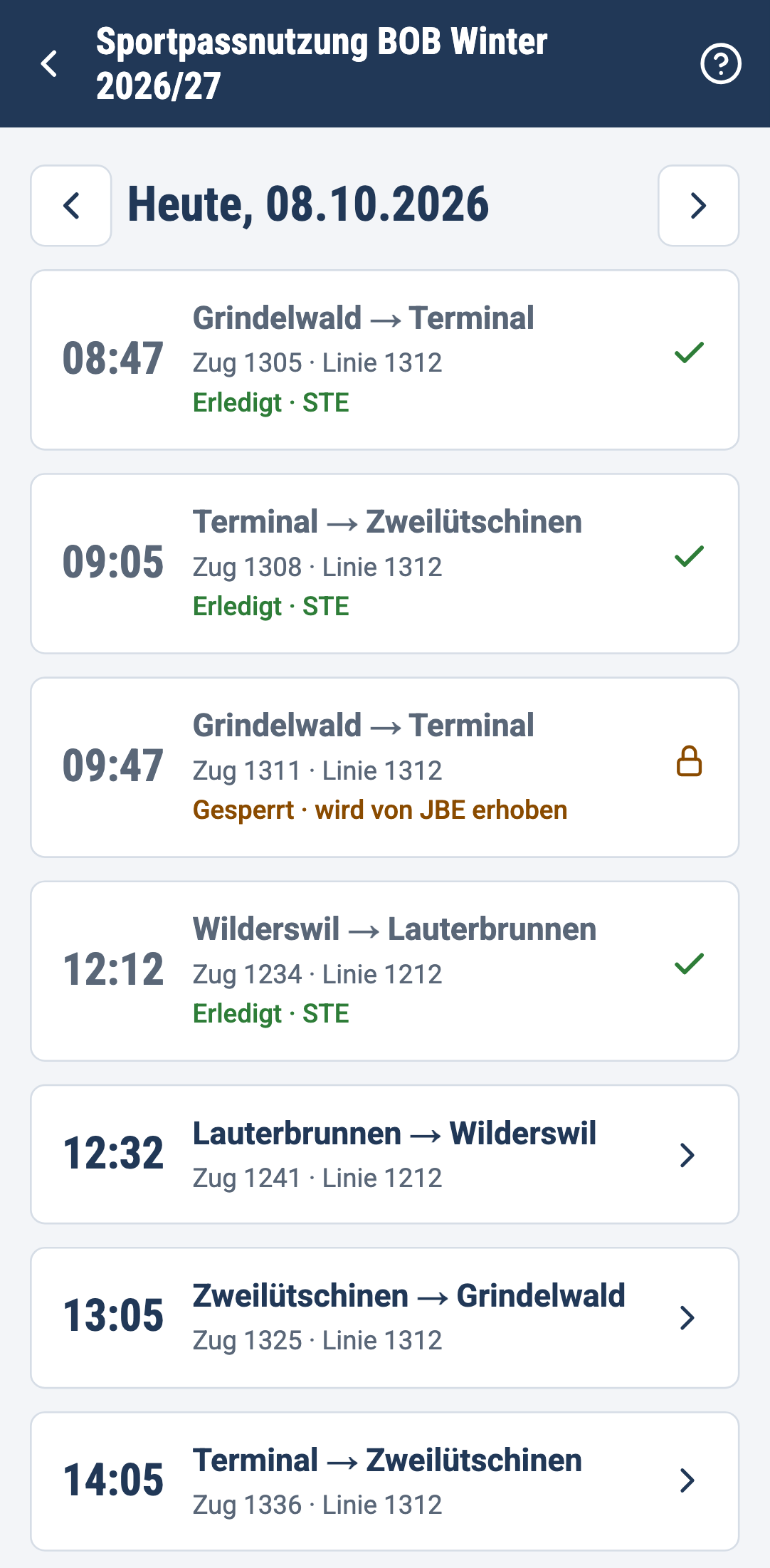 Fahrtenliste nach dem Abschliessen